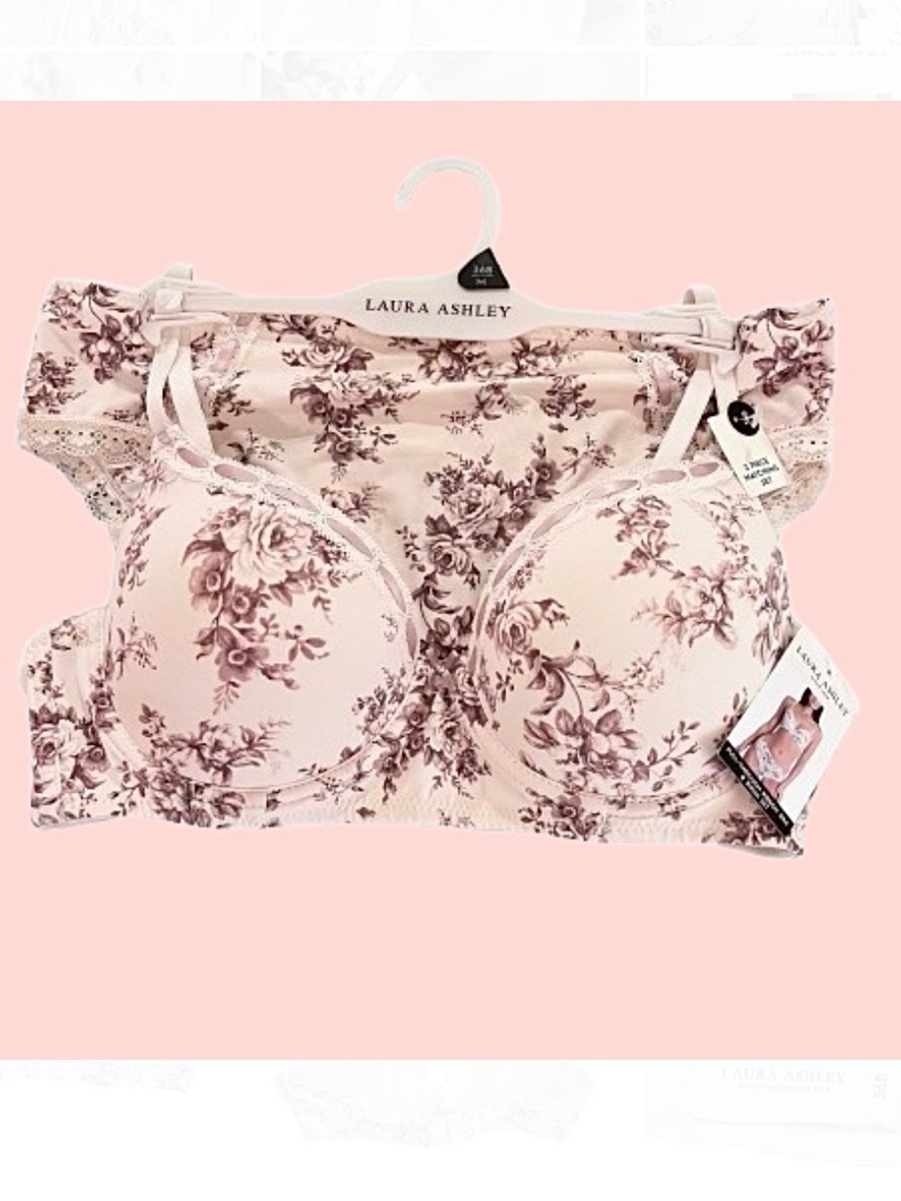 🆕- Laura Ashley- FLORAL PULL THROUGH RIBBON BRA & BIKINI SET. Size: Medium/36B